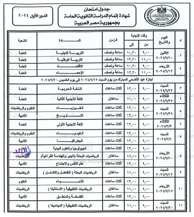 جدول امتحانات الثانوية العامة 2024 .. الحق ذاكر - افاق عربية 